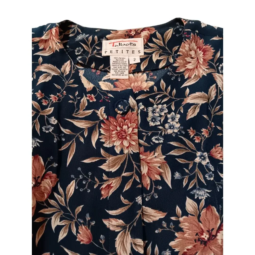 TALBOTS VINTAGE‎ 90s Floral Blouse Top SM Boho Cottage Green Pink Flowers Petals